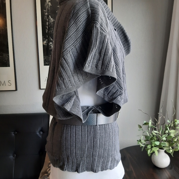 Cowl neck flutter cap sleeved fine cable knit sweater in gray Sz XL - Picture 7 of 12